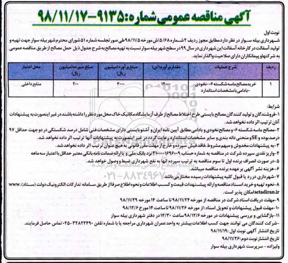 مناقصه, مناقصه خرید مصالح ماسه شکسته 06- نخودی، بادامی با مشخصات استاندارد