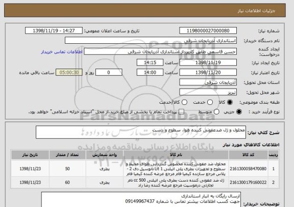 استعلام محلول و ژل ضدعفونی کننده هوا، سطوح و دست