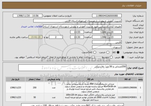 استعلام 250صندلی و 50 میز  پلاستیکی