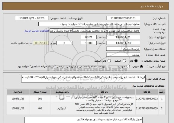 استعلام ایران کد ها مشابه رول پنبه دندانپزشکی600عددی360بسته وگاز دندانپزشکی غیراستریل8لایه5*5- 400بسته