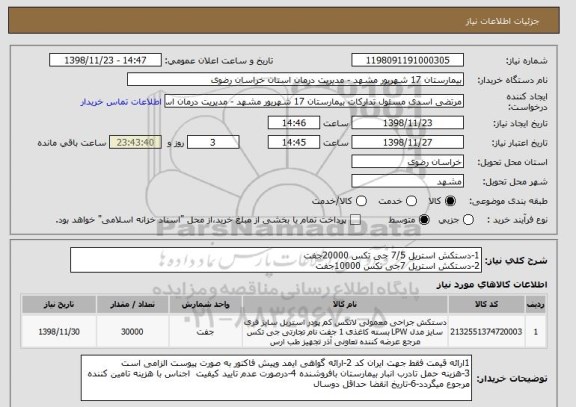 استعلام 1-دستکش استریل 7/5 جی تکس 20000جفت
2-دستکش استریل 7جی تکس 10000جفت