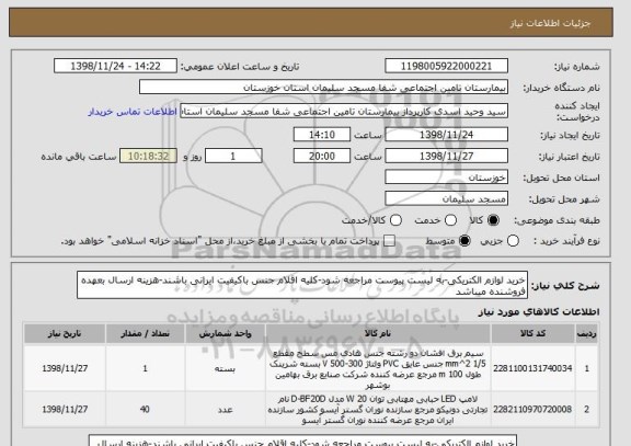 استعلام خرید لوازم الکتریکی-به لیست پیوست مراجعه شود-کلیه اقلام جنس باکیفیت ایرانی باشند-هزینه ارسال بعهده فروشنده میباشد