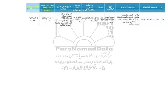 فراخوان ارزیابی کیفی, فراخوان ارزیابی کیفی احداث ایستگاه TBS روستای