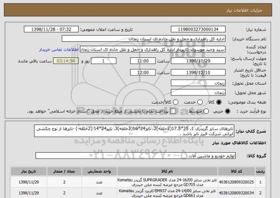 استعلام تایرهای سایز گریدری 1. 25*17.5(2حلقه)2. تایر24*16(2حلقه)3. تایر24*14 (2حلقه ) -تایرها از نوع چکشی ایرانی شرکت البرز تایر باشد .