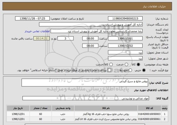 استعلام روغن مایع و سرخ کردنی