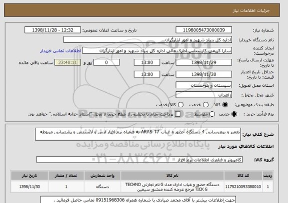 استعلام تعمیر و بروزرسانی 4 دستگاه حضور و غیاب ARAS T7 به همراه نرم افزار ارس و لایسنس و پشتیبانی مربوطه