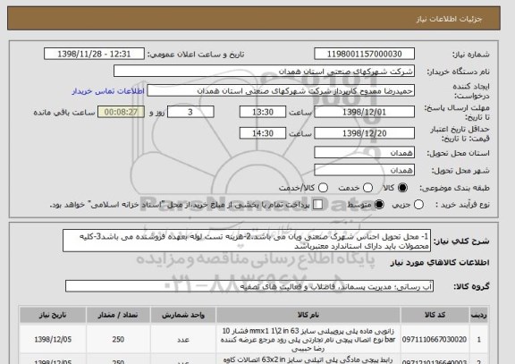 استعلام 1- محل تحویل اجناس شهرک صنعتی ویان می باشد.2-هزینه تست لوله بعهده فروشنده می باشد3-کلیه محصولات باید دارای استاندارد معتبرباشد