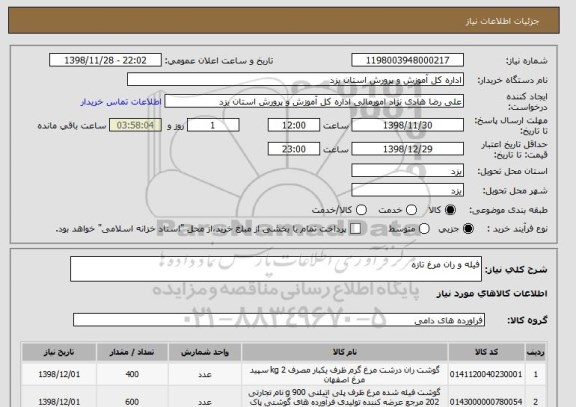 استعلام فیله و ران مرغ تازه