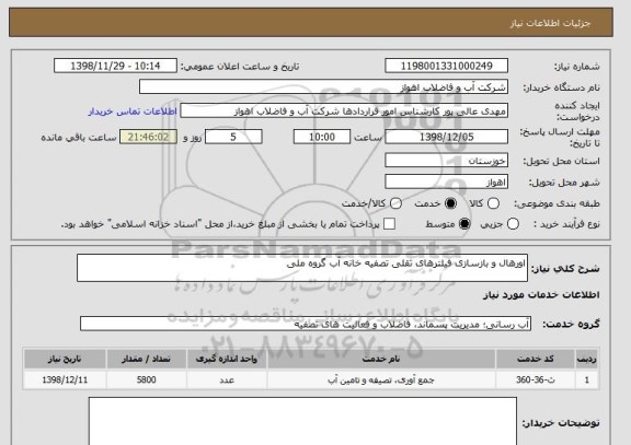 استعلام اورهال و بازسازی فیلترهای ثقلی تصفیه خانه آب گروه ملی