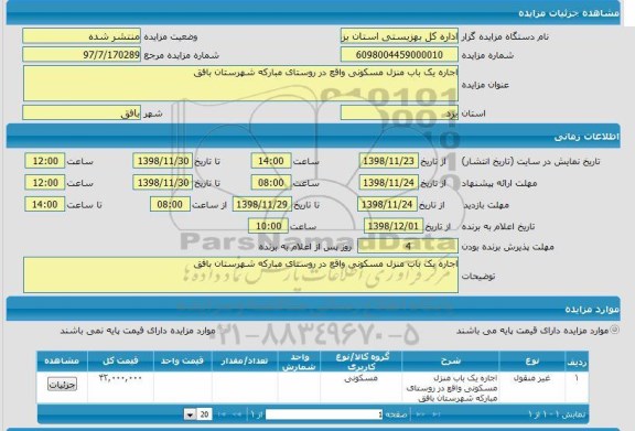 مزایده اجاره یک باب منزل مسکونی 