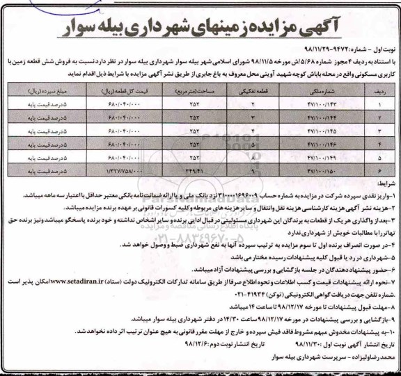 مزایده,مزایده فروش شش قطعه زمین با کاربری مسکونی 