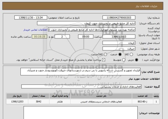 استعلام قرارداد تجهیز و گسترش شبکه رادیویی با بی سیم در شهرستانهای جیرفت،کهنوج،رودبار جنوب و عنبرآباد