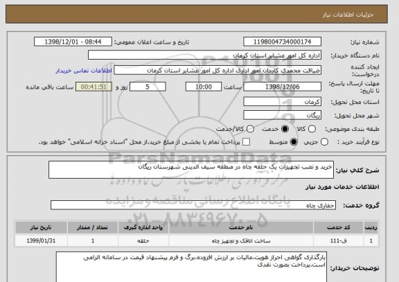 استعلام خرید و نصب تجهیزات یک حلقه چاه در منطقه سیف الدینی شهرستان ریگان