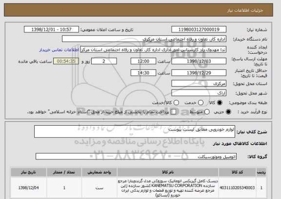 استعلام لوازم خودرویی مطابق لیست پیوست