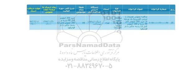 مناقصه، مناقصه خرید 200 کیلومتر کابل 48 رشته و 160 کیلومتر کابل 12 رشته خاکی با تار فوجیکورا