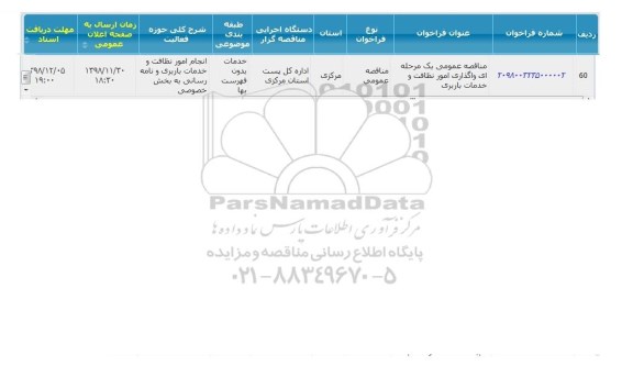  مناقصه عمومی یک مرحله ای واگذاری امور نظافت و خدمات باربری 