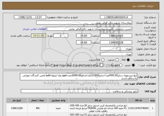 استعلام تیغ بیستوری سایز20-400عدد-سایز21800عدد-سایز22-2000عدد-فقط برند ترینون-فقط تامین کنندگان تهرانی پاسخگو باشند