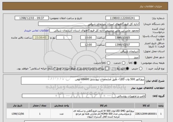 استعلام پروژکتور 500 وات LED - طبق مشخصات پیوستی 65000 لومن