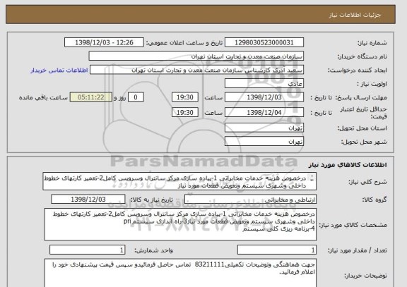 استعلام درخصوص هزینه خدمات مخابراتی 1-پیاده سازی مرکز سانترال وسرویس کامل2-تعمیر کارتهای خطوط داخلی وشهری سیستم وتعویض قطعات مورد نیاز
