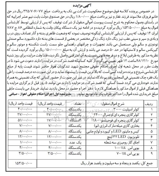 آگهی مزایده , مزایده فروش کولر اسپیلت 30000 و...