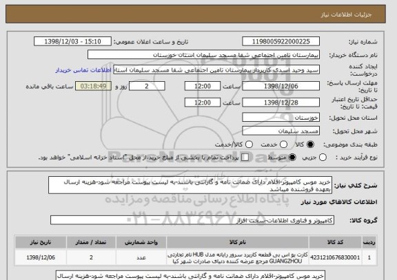 استعلام خرید موس کامپیوتر-اقلام دارای ضمانت نامه و گارانتی باشند-به لیست پیوست مراجعه شود-هزینه ارسال بعهده فروشنده میباشد