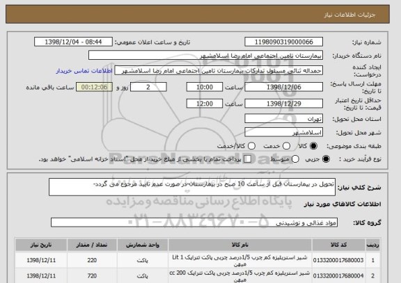 استعلام تحویل در بیمارستان قبل از ساعت 10 صبح در بیمارستان-در صورت عدم تایید مرجوع می گردد-