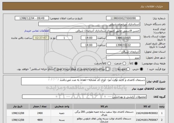 استعلام دستمال کاغذی و کاغذ توالت تنو - ایران کد مشابه - تعداد به عدد می باشد