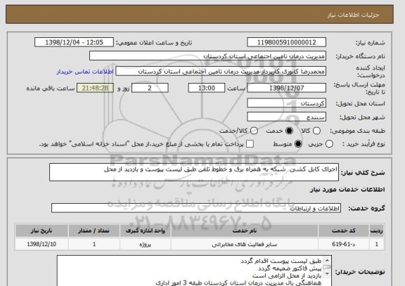 استعلام اجرای کابل کشی  شبکه به همراه برق و خطوط تلفن طبق لیست پیوست و بازدید از محل