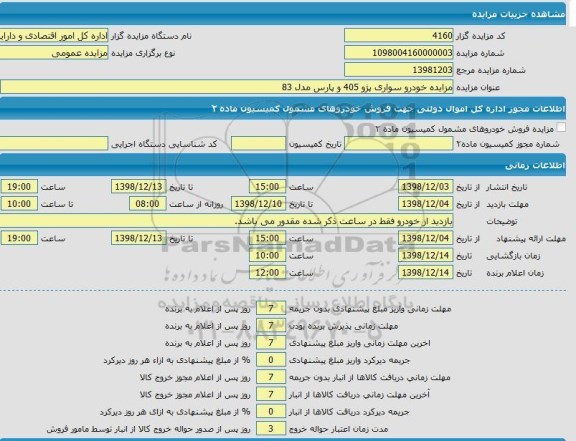 مزایده خودرو سواری پژو 405 و پارس مدل 83