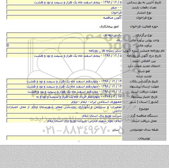 تعمیرات و سرویس و نگهداری روشنایی معابر شهرستان ایلام از محل اعتبارات داخلی