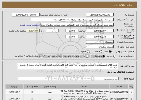 استعلام خرید اقلام تاسیساتی-به لیست پیوست مراجعه شود-کلیه اقلام ایرانی باشند-هزینه ارسال بعهده فروشنده میباشد-