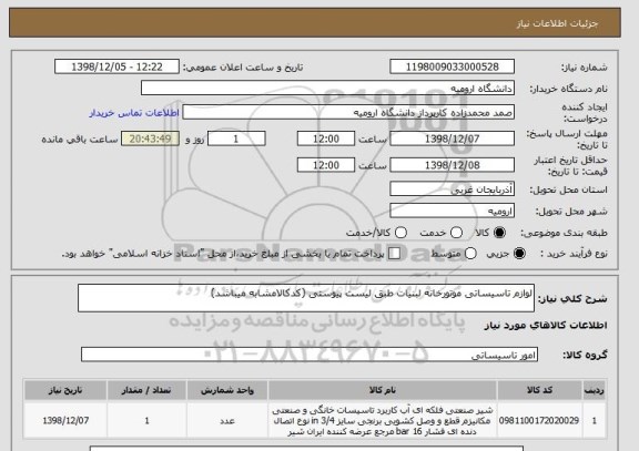 استعلام لوازم تاسیساتی موتورخانه لبنیات طبق لیست پیوستی (کدکالامشابه میباشد)