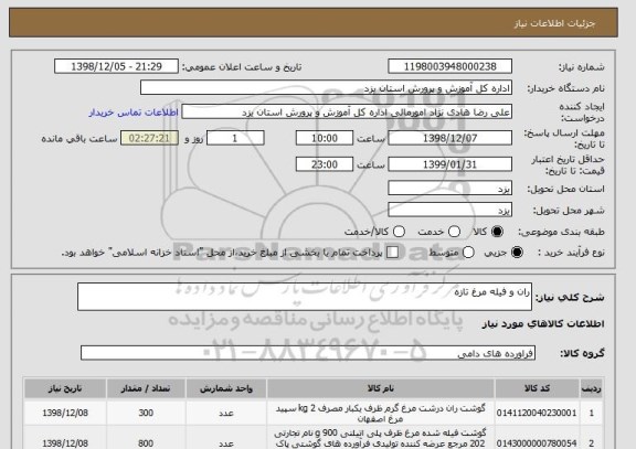 استعلام ران و فیله مرغ تازه