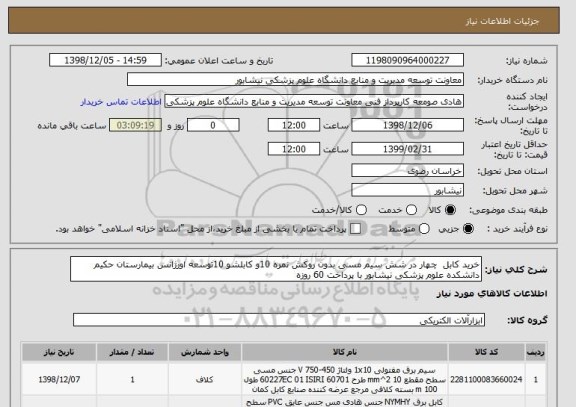 استعلام خرید کابل  چهار در شش سیم مسی بدون روکش نمره 10و کابلشو 10توسعه اورژانس بیمارستان حکیم دانشکده علوم پزشکی نیشابور با پرداخت 60 روزه 