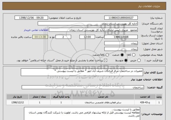 استعلام تعمیرات در ساختمان مرکز فرزانگان شریف آباد ابهر * مطابق با لیست پیوستی *