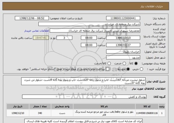 استعلام شلوار تیشرت مردانه 167دست -تاپ و شلوار زنانه 127دست -تاپ و شوار بچه گانه 9دست -شلوار تی شرت بچه گانه 37دست 