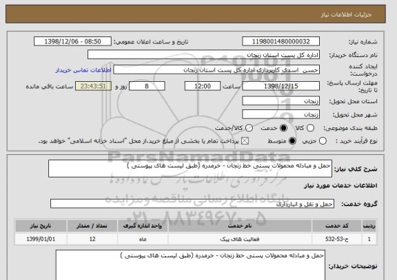 استعلام حمل و مبادله محمولات پستی خط زنجان - خرمدره (طبق لیست های پیوستی )