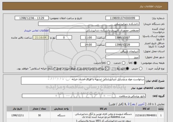 استعلام درخواست مواد و وسایل دندانپزشکی تسویه با اوراق اسناد خزانه