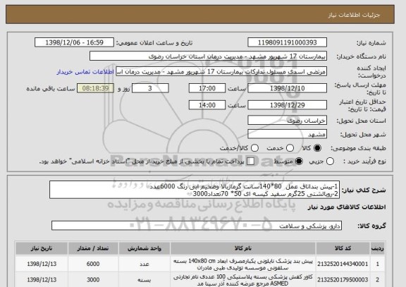 استعلام 1-پیش بنداتاق عمل  80*140سانت گرماژبالا وضخیم ابی رنگ 6000عدد
2-روبالشتی 25گرم سفید کیسه ای 50* 70تعداد3000