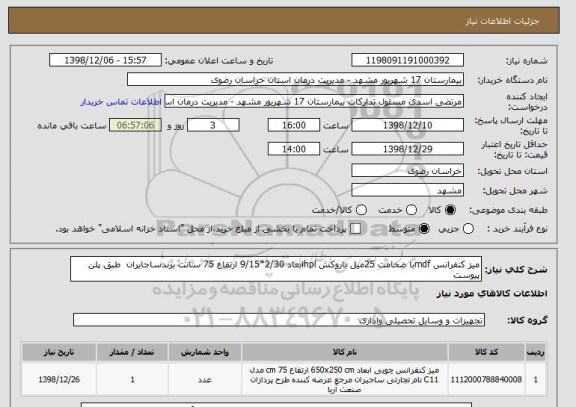 استعلام میز کنفرانس mdfبا ضخامت 25میل باروکش hplابعاد 2/30*9/15 ارتفاع 75 سانت برندساجایران  طبق پلن پیوست