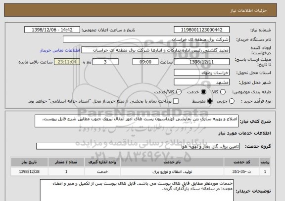 استعلام اصلاح و بهینه سازی بتن نمایشی فونداسیون پست های امور انتقال نیروی جنوب مطابق شرح فایل پیوست.