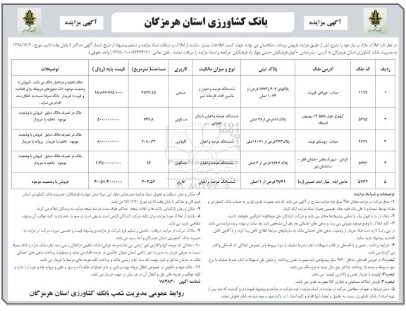 آگهی مزایده مزایده فروش املاک مازاد کاربری صنعتی و مسکونی 