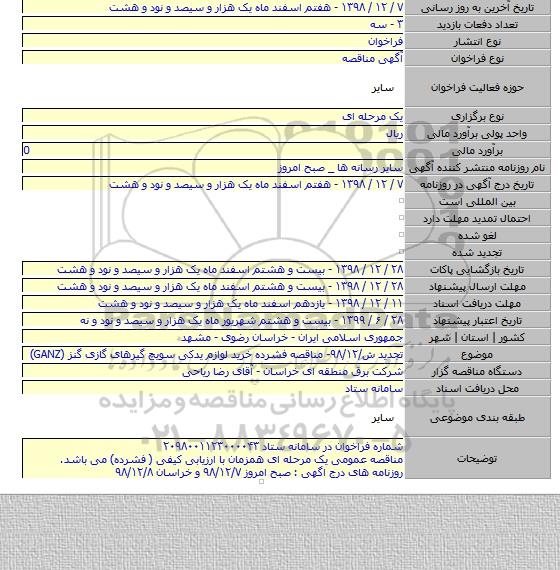 تجدید ش/۹۸/۱۲- مناقصه فشرده  خرید لوازم یدکی سویچ گیرهای گازی گنز (GANZ)