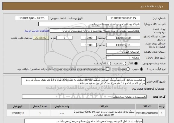 استعلام درخواست شامل 3 ردیف(سنگ جدولی سفید 50*35 سانت به تعداد290 عدد و 12 متر طول سنگ نی ریز عرض 20 سانت و 12 متر مربع سنگ نی ریز سفید میباشد.