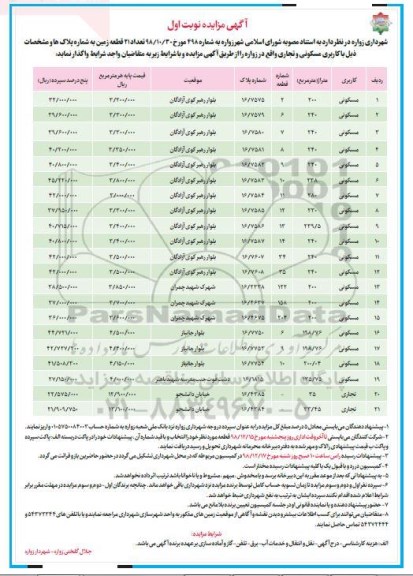 مزایده, مزایده واگذاری تعداد 21 قطعه زمین با کاربری مسکونی و تجاری