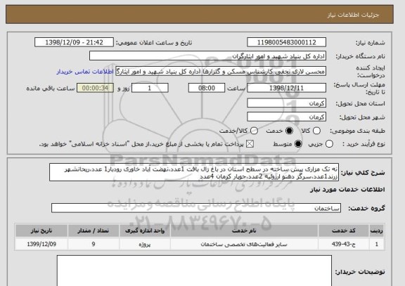 استعلام نه تک مزاری پیش ساخته در سطح استان در باغ زال بافت 1عدد،نهضت آباد خاوری رودبار1 عدد،ریحانشهر زرند1عدد،سرگز دهنو ارزوئیه 2عدد،جوپار کرمان 4عدد 