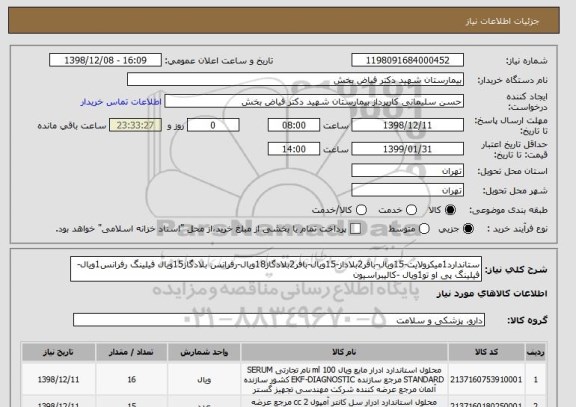 استعلام ستاندارد1میکرولایت-15ویال-بافر2بلاداز-15ویال-بافر2بلادگاز18ویال-رفرانس بلادگاز15ویال فیلینگ رفرانس1ویال-فیلینگ پی او تو1ویال -کالیبراسیون 