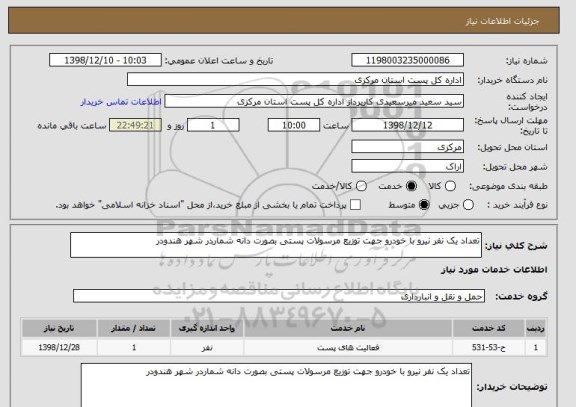 استعلام تعداد یک نفر نیرو با خودرو جهت توزیع مرسولات پستی بصورت دانه شماردر شهر هندودر