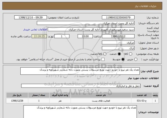 استعلام تعداد یک نفر نیرو با خودرو جهت توزیع مرسولات پستی بصورت دانه شماردر شهرزاویه و پرندک