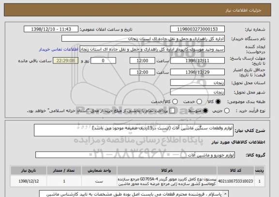 استعلام لوازم وقطعات سنگین ماشین آلات (لیست در15ردیف ضمیمه موجود می باشد)